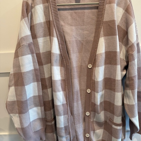 Cozy Checkered Cardigan in Brown and White - Picture 2 of 7